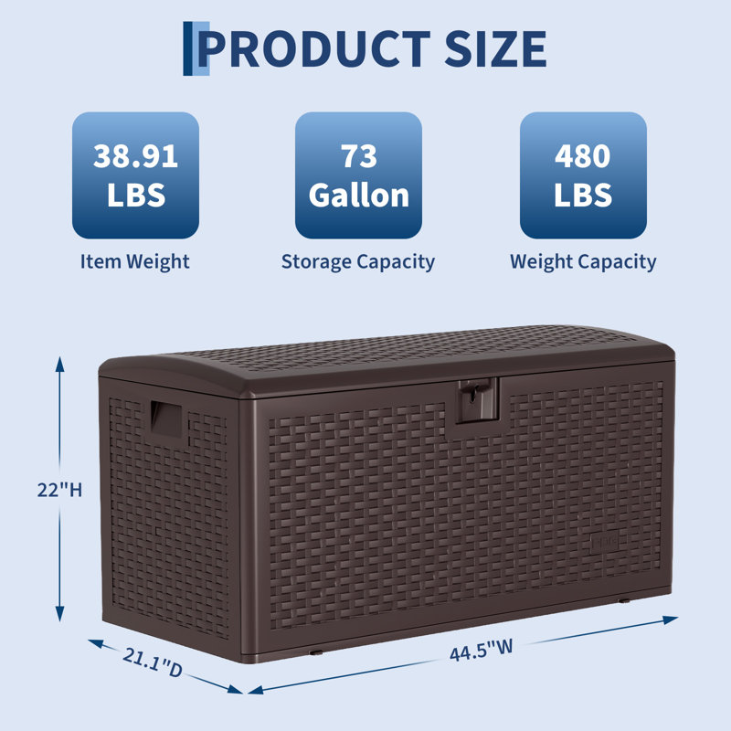 73 Gallon Large Resin Deck Box, Lockable Indoor Outdoor Storage Container, Brown