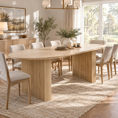 70.8" W Natural Solid Oak Dining Table with Fluted Pedestals