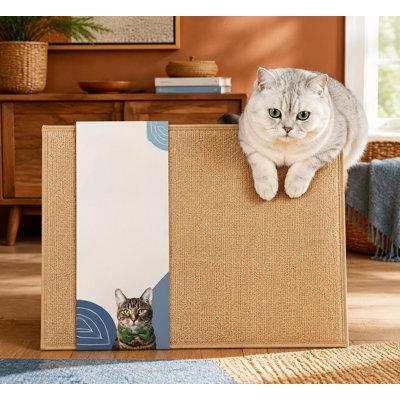 This beige 24 x 36 in jute cat litter trapping mat catches spilled litter mess from the litter box to protect floors, stays soft on cat paws, includes anti-skid backing, and is easy to clean.