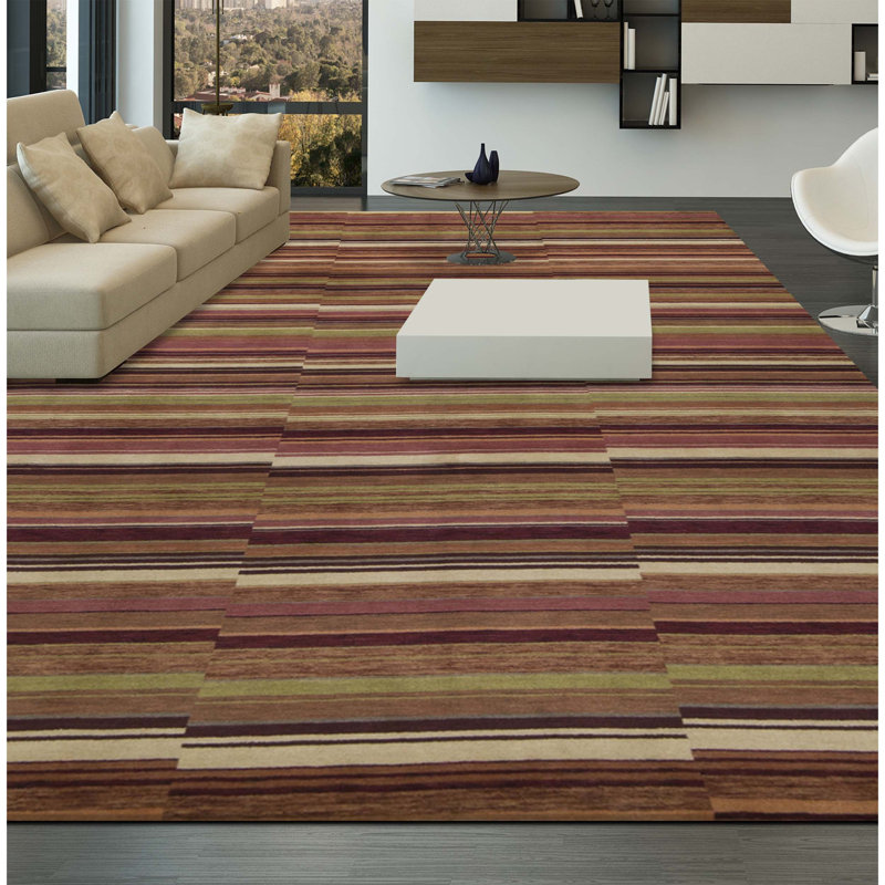Gabbeh Wool Striped Area Rug in Orange/Dark Brown/Green/Beige, Rectangle 8'8" x 11'10"