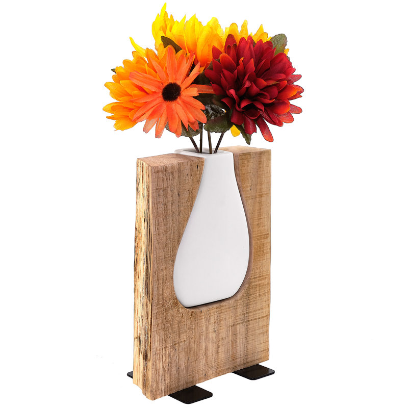 Vase en verre et bois - Vase à fleurs rustique, Blanc