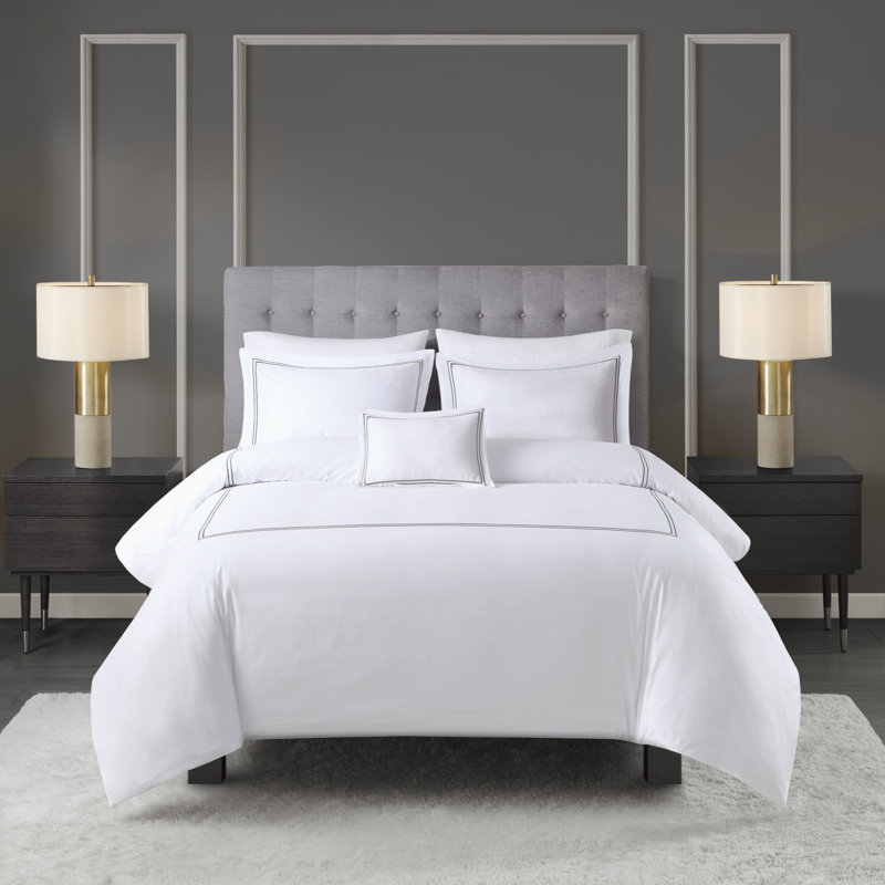 White and Gray Cotton Sateen Embroidered Full/Queen Duvet Set