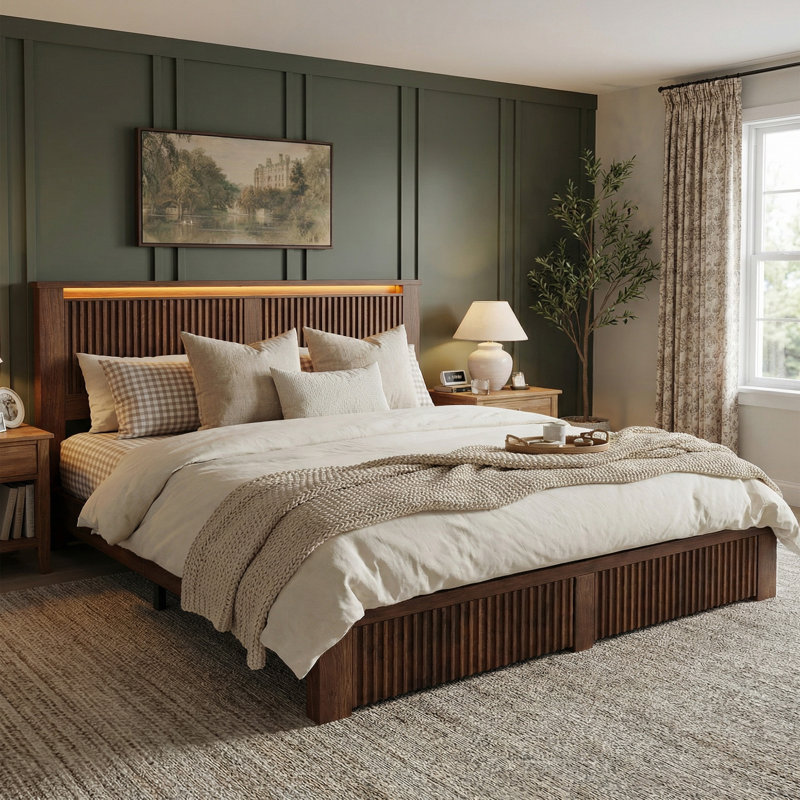 Fluted Panel Platform Bed with LED Headboard, Storage Drawers & USB Charging,No Box Spring Needed,King/Dark Brown, King