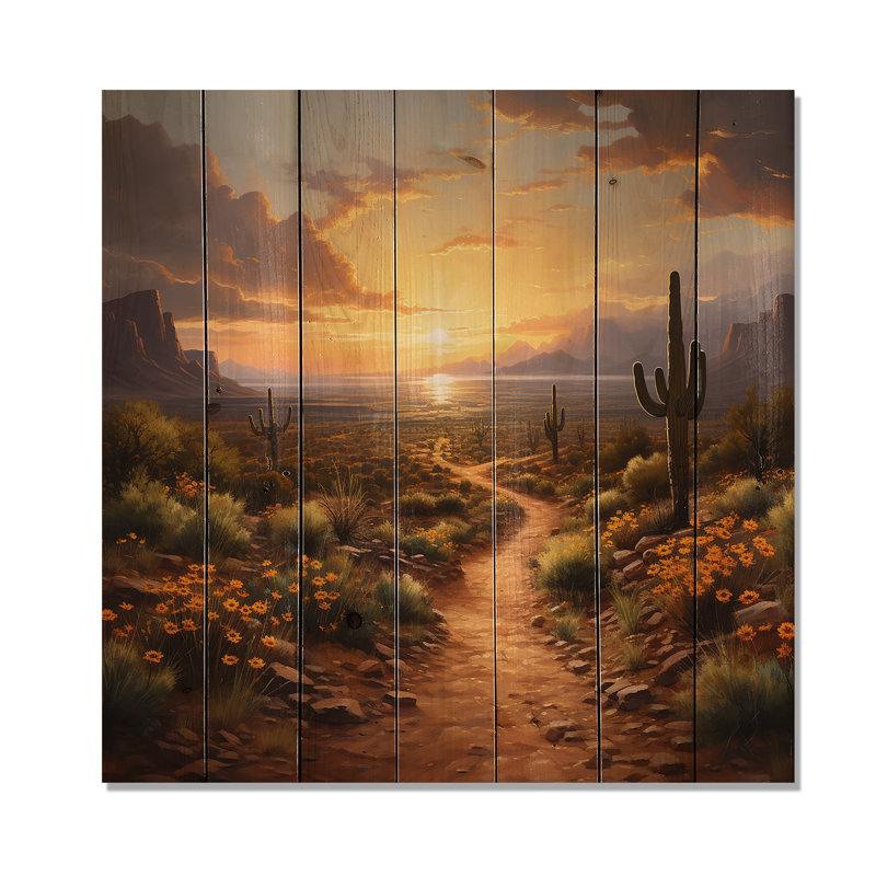 «Cactus Sunset Desert Dreams In Mexico II», reproduction d'art mexicain sur bois, H 36 po x l 36 po