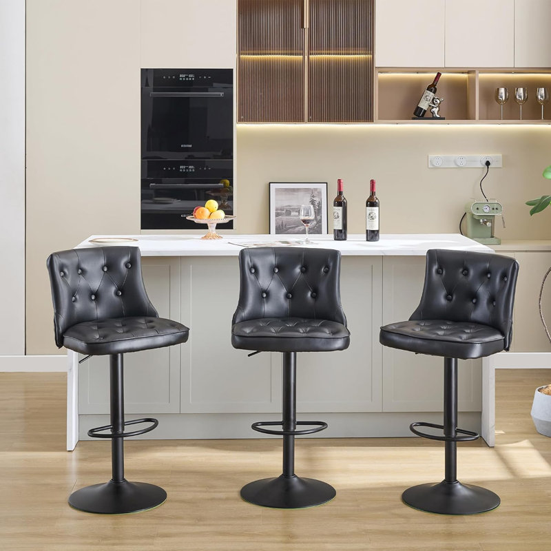 Swivel Adjustable Height Bar Stool with Backs & Wide Seat Cushion (Set of 3), Black, 3