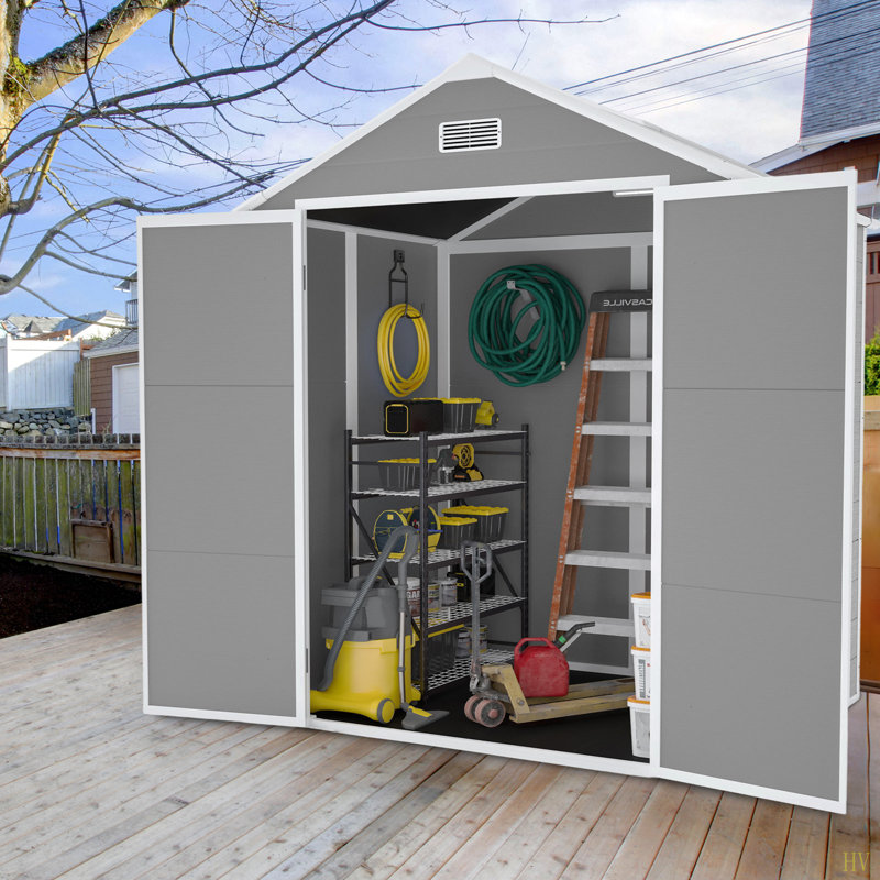Remise de rangement en résine 6 * 5Ft, outils de jardin en plastique à l'extérieur des remises, matériau de haute qualité en PP, structure solide, imperméable, résistante à la rouille et aux rayons UV, grand espace de rangement, panneau de PP épais de 12 mm, éclairage de fenêtre HD