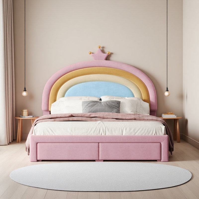 Lit tapissier arc-en-ciel design, lit plateforme en velours avec tiroir de rangement Princess, Lit double