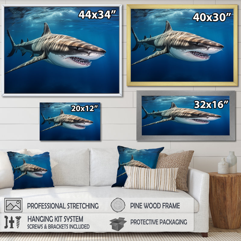 «Tiger Shark Territory I» sur toile, Cadre simple argenté, H 30 po x l 40 po x P 1,5 po