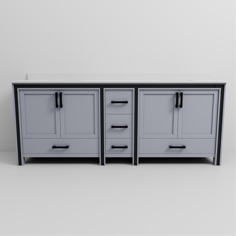 84 po gris foncé Meuble-lavabo double X 22 avec comptoir en marbre - construction en bois massif, fermeture en douceur et comptoir de teinture avec rangement abondant, deux armoires et cinq tiroirs pré-percés