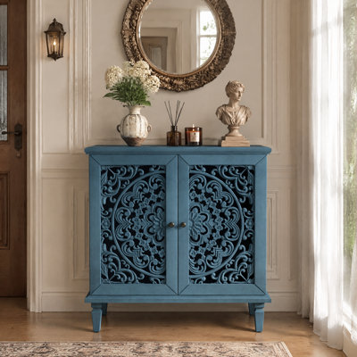 Antique Blue Vintage Hollow-Carved Accent Cabinet, 2-Door Floral Display Storage Sideboard with Adjustable Shelf & Solid Wood Legs for Living Room Entryway
