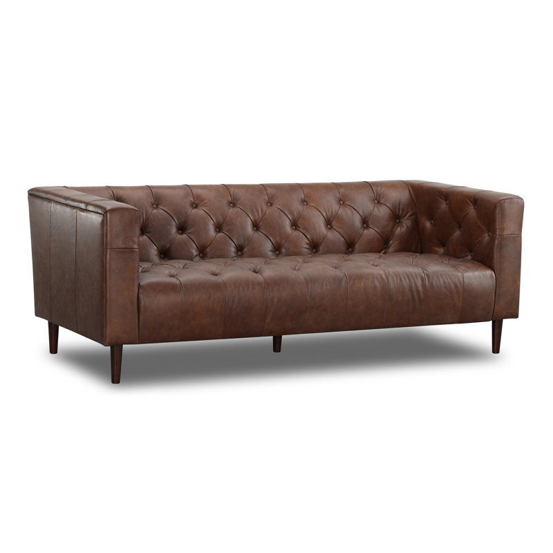  84'' Genuine Leather Chesterfield Sofa, Vintage Tobacco Top Grain Leather