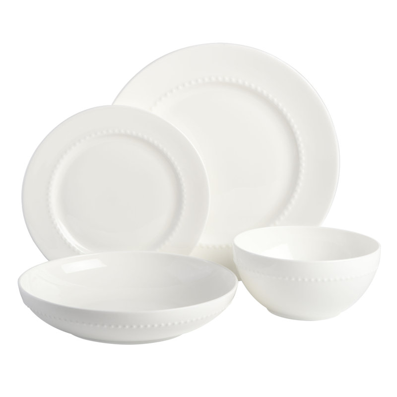 Gibson Elite Embossed Bone China Double Bowl Dinnerware Set, 16 Piece, White