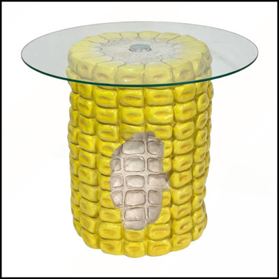 Table d'appoint fantaisie en forme d'épi de maïs, 44 cm de hauteur, 50 cm de large, en résine, avec plateau en verre. Multifonctionnelle pour la maison et le jardin.