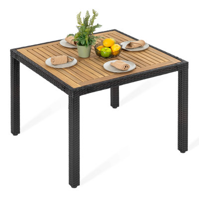 Patio Dining Table For 4, Acacia Wood Top, Pe Rattan-wrapped Metal Frame