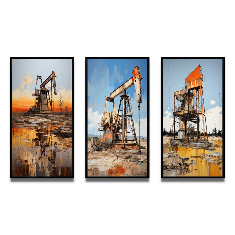 «Gold Oil Rigs Fields In Texas», 3 pièces sur toile, Cadre flottant noir, H 40 po x l 60 po