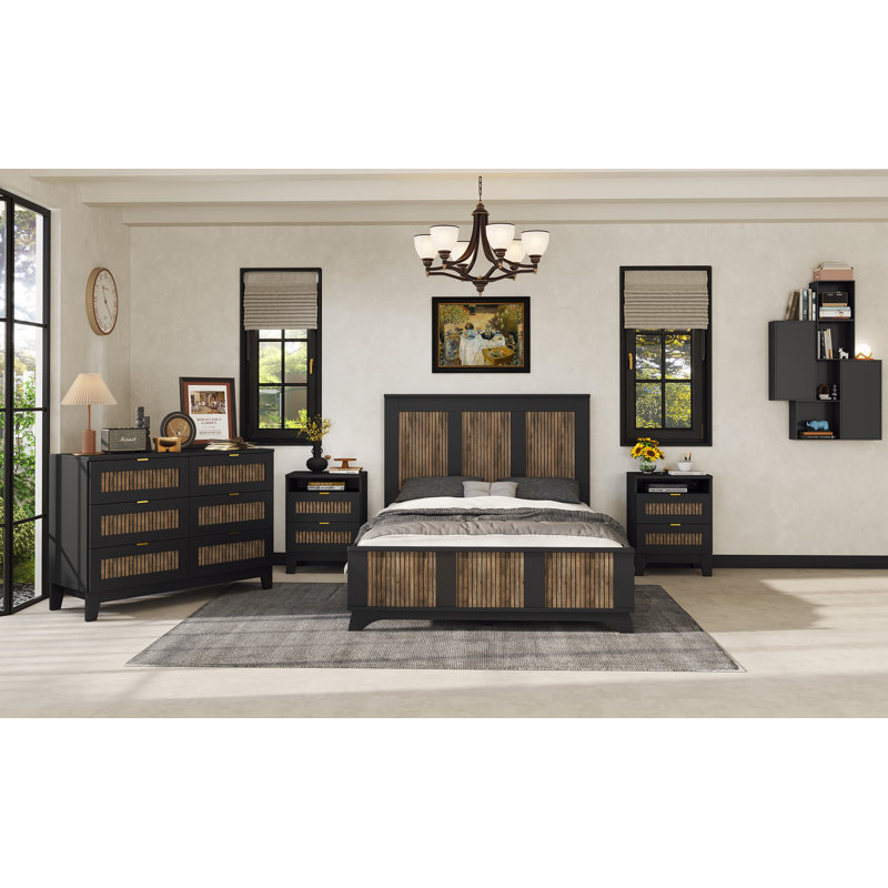 Lit plateforme en bois de style ferme, lit plateforme moderne avec bande en bois, Noir, Lit double