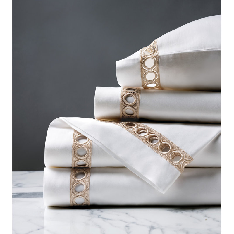 Montecito Egyptian Cotton Sateen Sheet Set, Full Sheet Set + 2 Pillowcase, White/Champagne