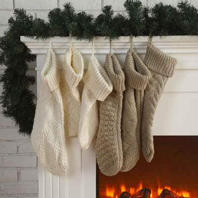 6 Pcs Cable Knit Christmas Stockings, 15 & 18 Inch Large Vintage Xmas Socks, Rustic Boho Mantle Hanging Ornaments, Farmhouse Fireplace Holiday Party Decor