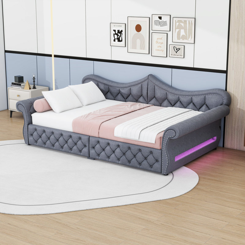 Queen Upholstered Daybed with Built-In LED Light Strips, Gray