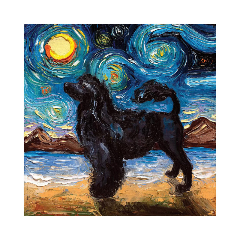 Reproduction d’art, "Portuguese Water Dog Night" par aja Trèves, H 18 po x l 18 po x 1,5 po, Toile tendue, Pas de tapis