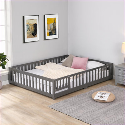 Lit plateforme pleine grandeur en bois de pin massif avec porte de garde-corps, aucun sommier nécessaire, gris pour la chambre à coucher