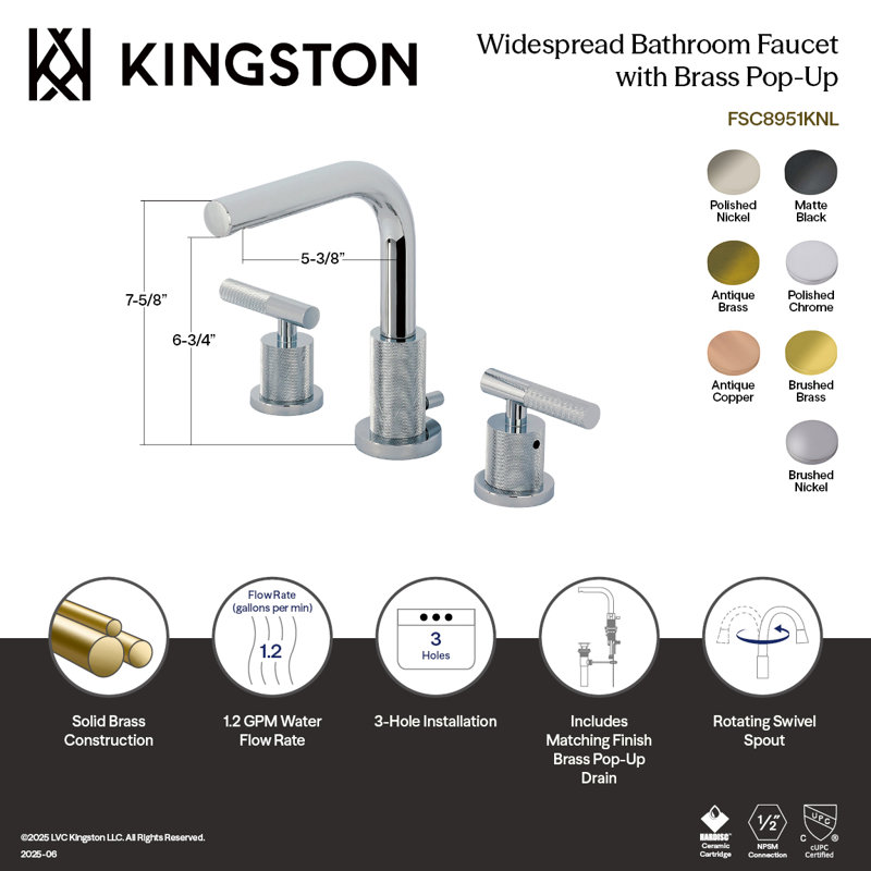 Robinet de salle de bain espacé à deux poignées à fixation sur le comptoir avec poignée moletée et bonde escamotable en laiton Kingston