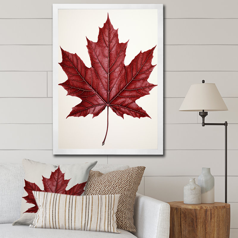 «Red Maple Leaf Beauty II» - Art mural érable, Cadre flottant brun, H 20 po x l 12 po x P 1 po