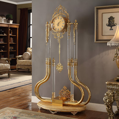Gold Brass Ornate Floor Clock Lucite Marble Base Luxury Pendulum Clock