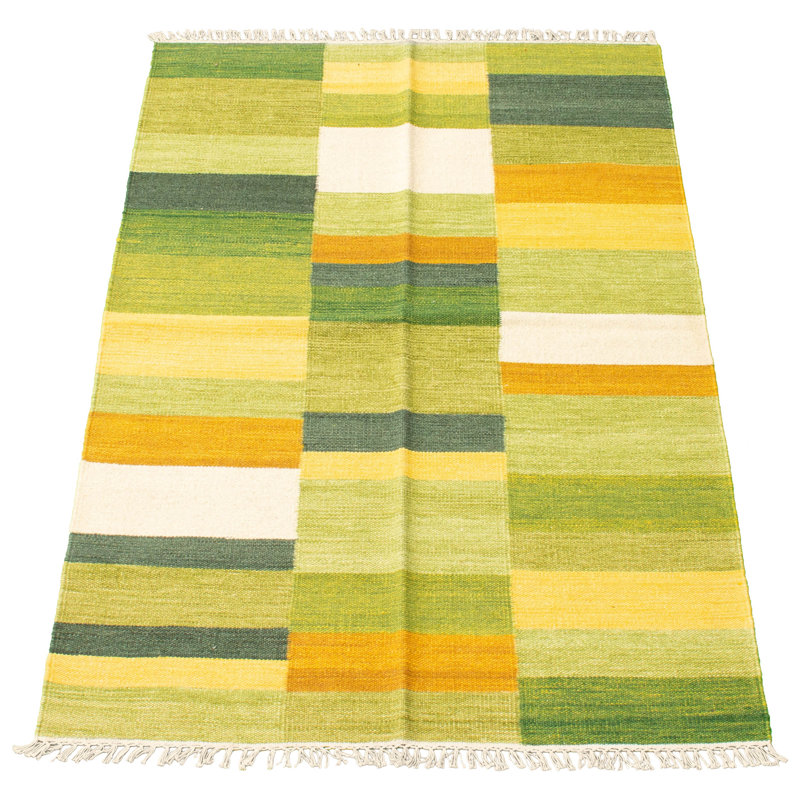 Tapis vert clair en laine à tissage plat rayé 4 pi 6 po x 6 pi 7 po Emmeryn