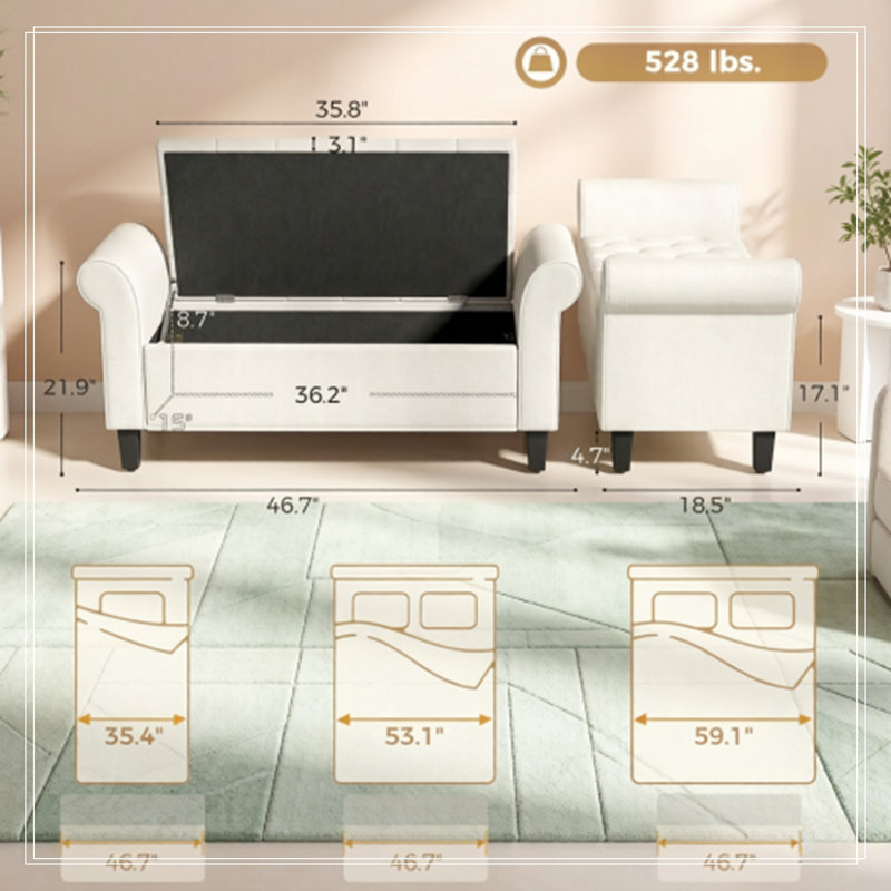 Rangement capitonné Lakehurst avec accoudoirs roulés, Cream White
