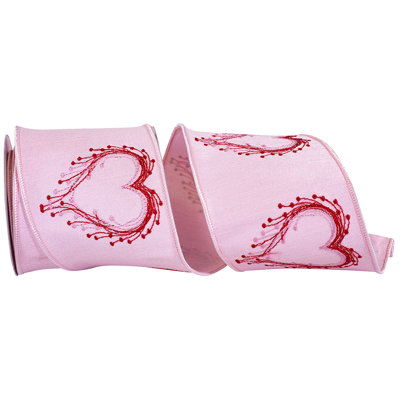 4"X5Yd Pink Heart Embroidery Deluxe Dupioni Wired Edge Ribbon