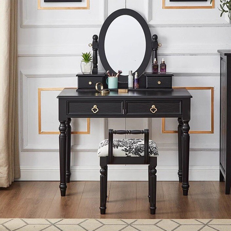 Coiffeuse 39,37 "de style français en bois massif rétro avec miroir de maquillage, 55.12" H x 39.5" W x 19.69" D