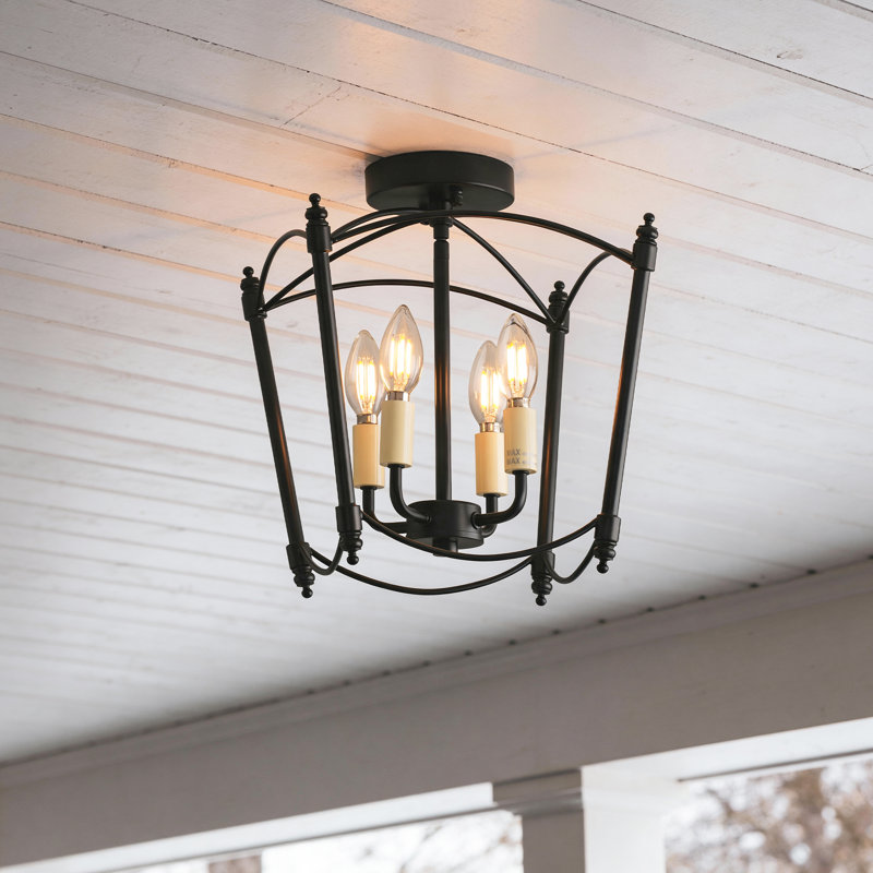 Plafonnier semi-encastré à cadre carré en métal à 4 lumières, base candélabre E12, noir mat