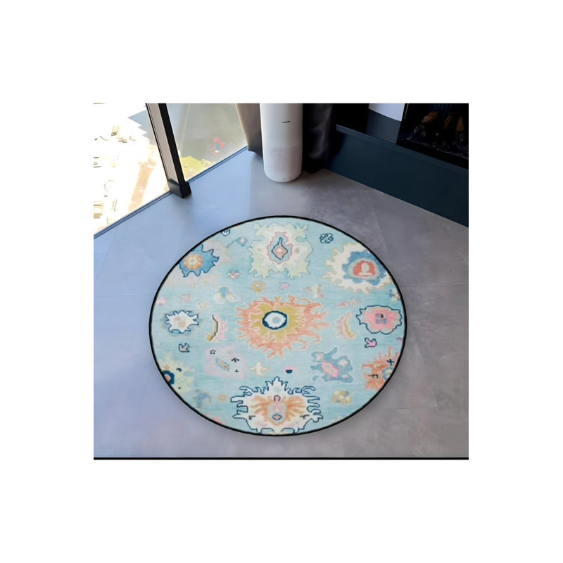 Blue Theme Ethnic Motif Patterned Round Woven Base Vintage Decorative Carpet, Round 4'