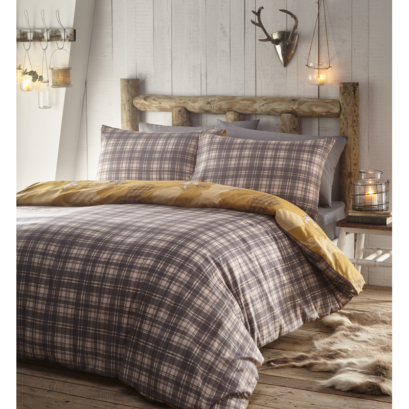 Hinnant Tartan Check Stag Easycare Reversible Duvet Cover Set, Double Duvet Cover + 2 Standard Pillowcases, Mustard