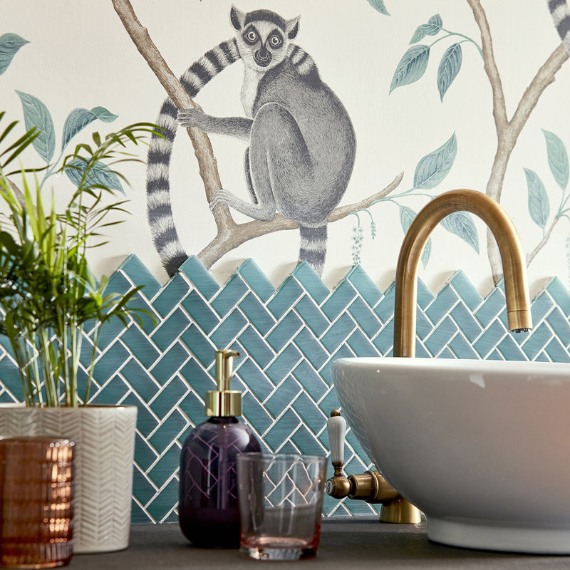 Ringtailed Lemur Wallpaper, Stone/Eucalyptus