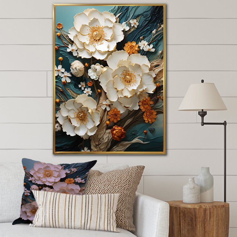 Or et fleurs blanches sur pierre bleue III - Fleurs, art mural, Cadre flottant doré, H 32 po x l 24 po x P 1 po