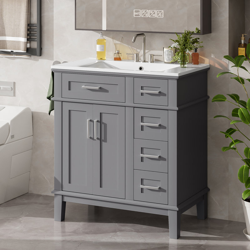30" Single Bathroom Vanity With Ceramic Top, Gray, Silver