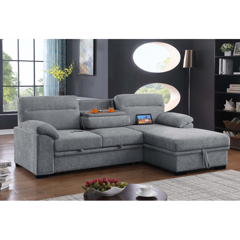Canapé d'angle convertible avec méridienne de rangement et port de chargement USB, Light Grey Chenille, Right Hand Facing