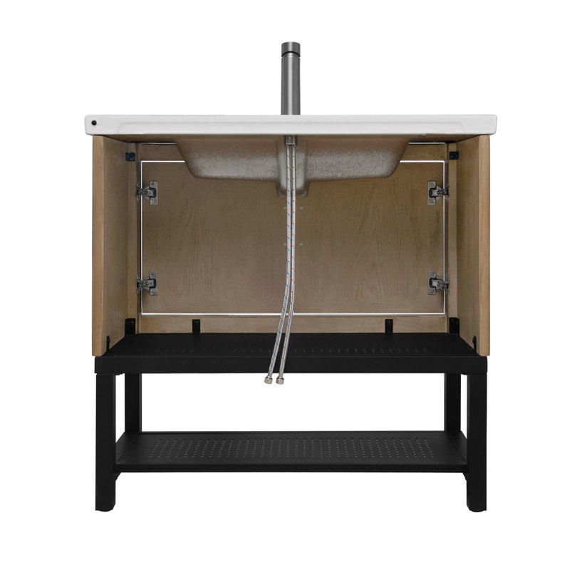 Armoire de salle de bain autoportante de 36 pouces avec comptoir en céramique blanche, lavabo et robinet texturé, 2 portes de rangement, tablette ouverte en fer pour une grande surface froide et chaude, base en métal pour l'intérieur et l'extérieur