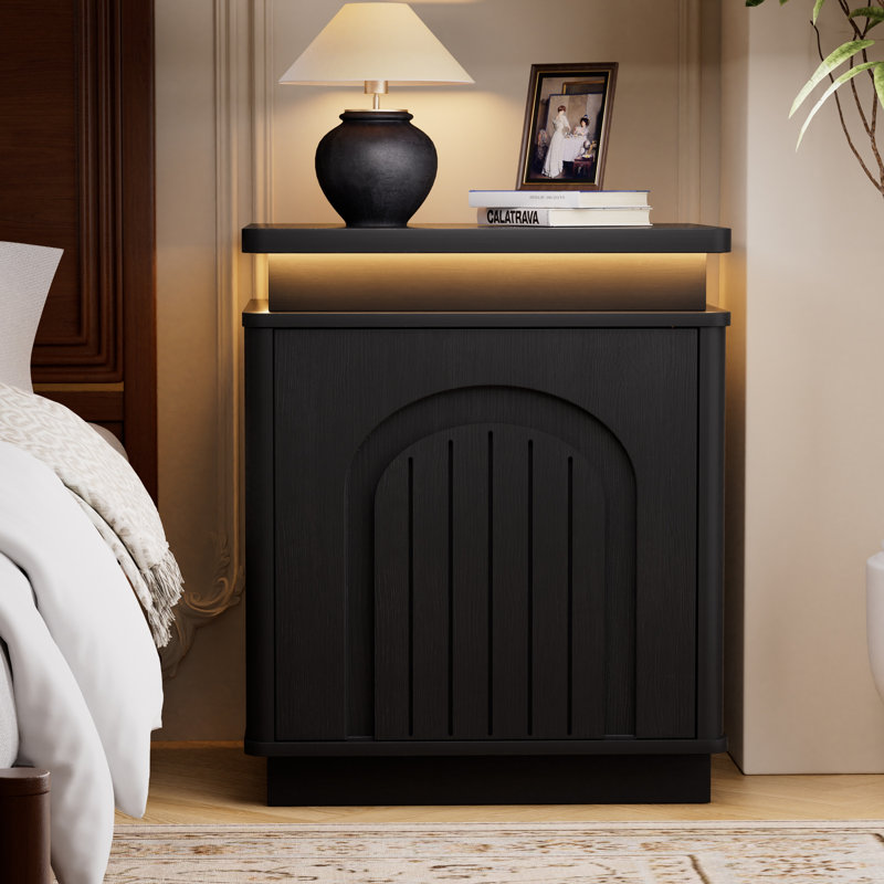 Table de chevet Mahlea 19,6 po L 1 porte avec DEL (ensemble de 2), Noir, 2