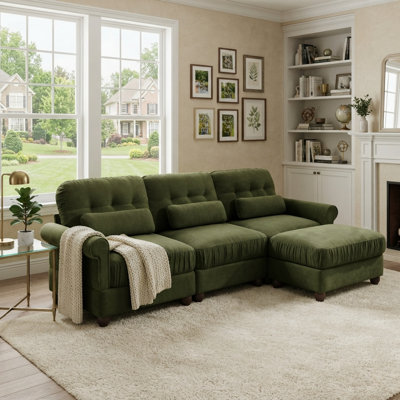 2-Piece Chenille Living Room Set with 3-Seat Sofa, Ottoman, Rolled Arms and Pocket Spring Cushions, Olive Green