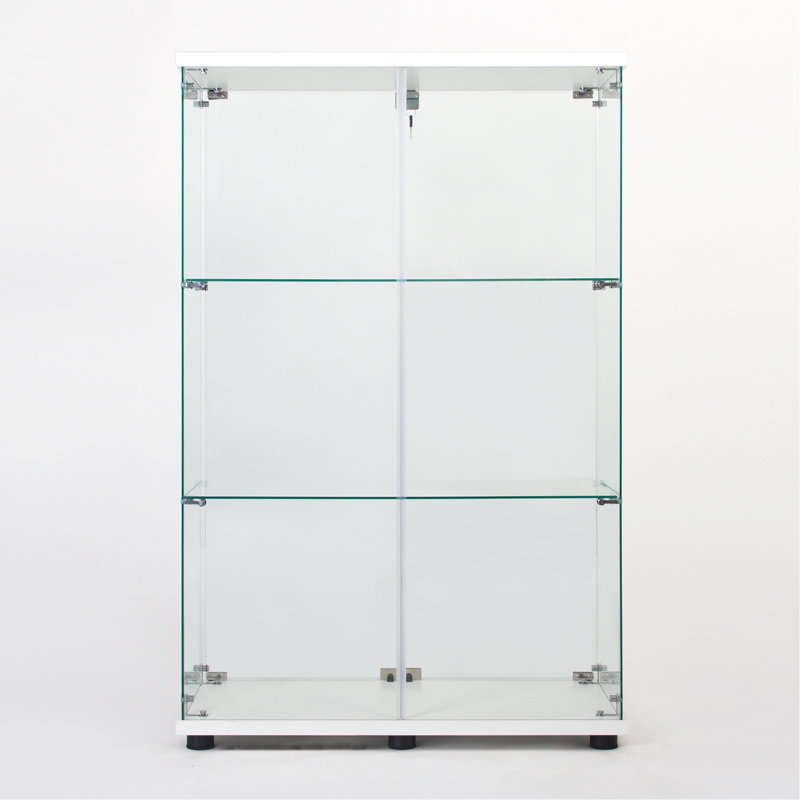 Élégante armoire en verre avec trois tablettes pour l'affichage et le rangement, polyvalente et fonctionnelle., White