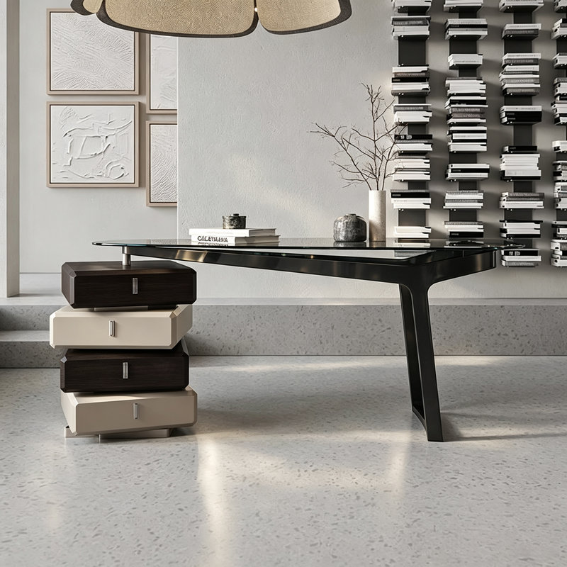 Bureau de direction moderne de 160 cm, bureau d'ordinateur asymétrique noir avec caisson suspendu à 4 tiroirs et piètement ajouré, bureau bicolore pour bureau à domicile