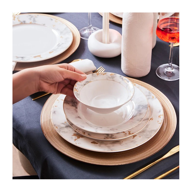 Service de table élégant 24 pièces, 100% porcelaine | Comprend 6 assiettes de service (10,6 po), 6 assiettes (7,9 po), 6 bols (5,5 po), 6 assiettes à dessert (7,9 po) | Parfait pour les repas et les réceptions formels, fabriqué à la main et doté d