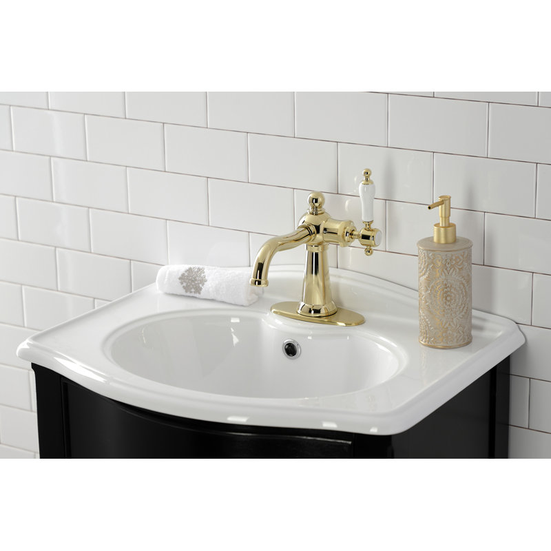 Kingston Brass Nautical Single-Handle 1-Hole Deck Mount Bathroom Faucet with Push Pop-Up and Deck Plate, Polished Brass