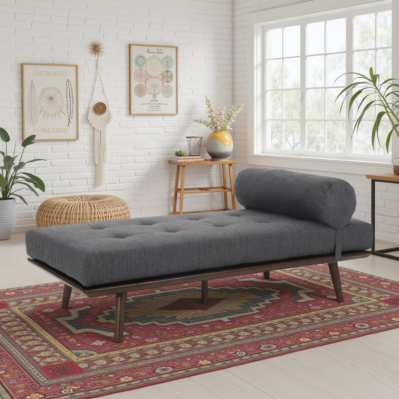 Chaise longue capitonnée avec traversin et structure en bois d'hévéa, Brun