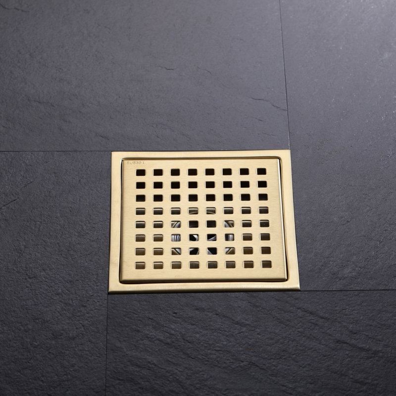 Square Shower Floor Drain With Flange Stainless Steel Shower Drain, Brushed Gold