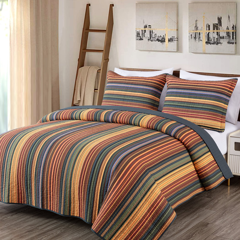 Avery Striped Pre-Washed Cotton Quilt Set, Red/Yellow/Dark Blue, Oversized King Quilt + 2 King Shams