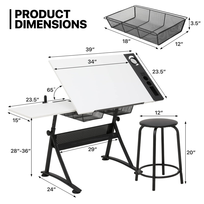 Craft and Drawing Table Workstation with Stool, Drafting Table with Slide-Out Tabletop and Drawers